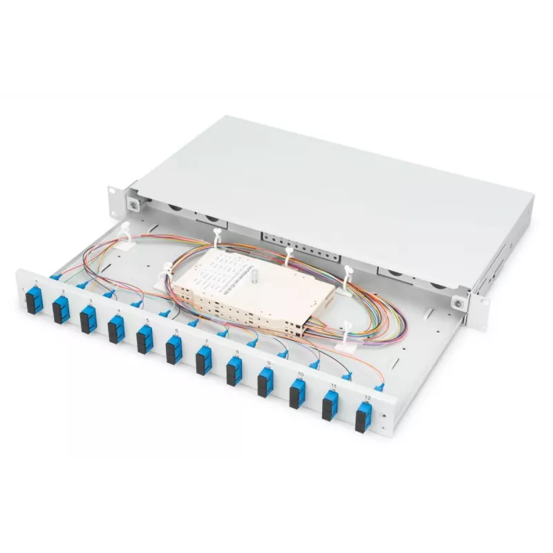 DIGITUS Fiber Optic Sliding Splice Box, 1U, Equipped 12x SC duplex, incl. M 25 Screw, Splice Cassette Color Pigtails OS2, Adapter