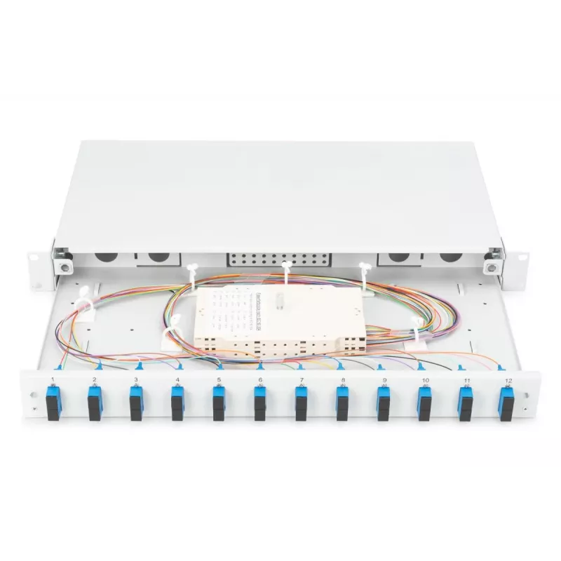 DIGITUS Fiber Optic Sliding Splice Box, 1U, Equipped 12x SC duplex, incl. M 25 Screw, Splice Cassette Color Pigtails OS2, Adapter