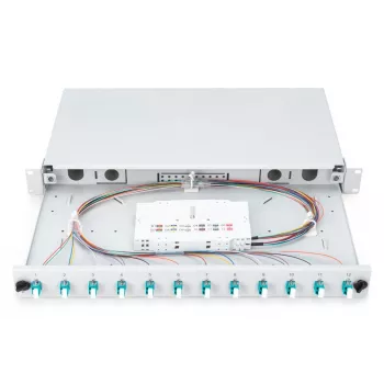 DIGITUS Fiber Optic Sliding Splice Box, 1U, Equipped 12x LC duplex, incl. M 25 Screw, Splice Cassette OM3 Color Pigtails, Adapter