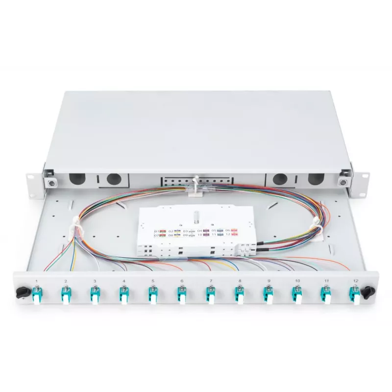 DIGITUS Fiber Optic Sliding Splice Box, 1U, Equipped 12x LC duplex, incl. M 25 Screw, Splice Cassette OM3 Color Pigtails, Adapter