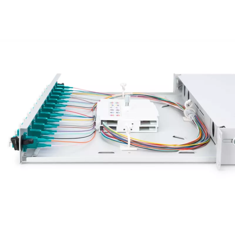DIGITUS Fiber Optic Sliding Splice Box, 1U, Equipped 12x LC duplex, incl. M 25 Screw, Splice Cassette OM3 Color Pigtails, Adapter