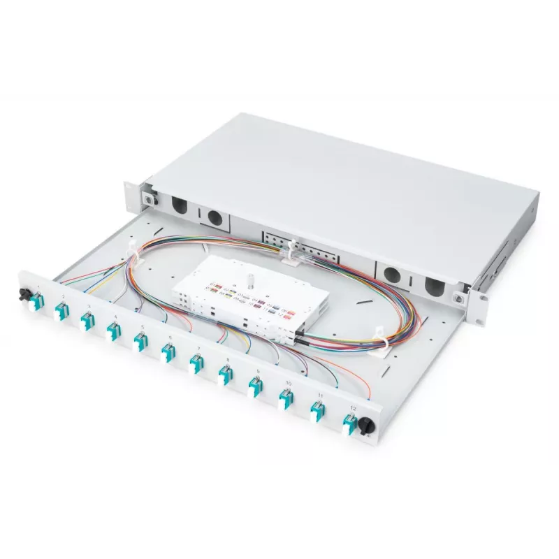 DIGITUS Fiber Optic Sliding Splice Box, 1U, Equipped 12x LC duplex, incl. M 25 Screw, Splice Cassette OM3 Color Pigtails, Adapter