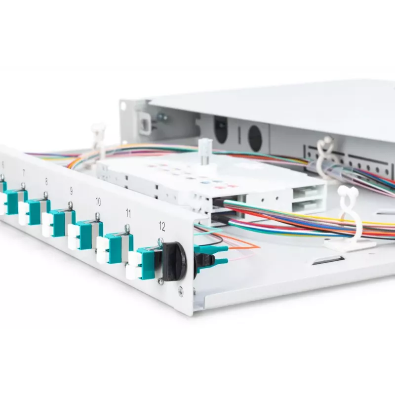 DIGITUS Fiber Optic Sliding Splice Box, 1U, Equipped 12x LC duplex, incl. M 25 Screw, Splice Cassette OM3 Color Pigtails, Adapter