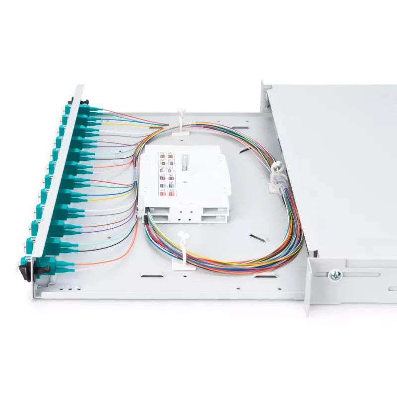 DIGITUS Fiber Optic Sliding Splice Box, 1U, Equipped 12x LC duplex, incl. M 25 Screw, Splice Cassette OM3 Color Pigtails, Adapter