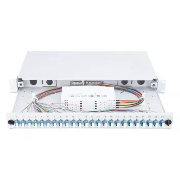 DIGITUS Fiber Optic Sliding Splice Box, 1U, Equipped 24x LC duplex, incl. M 25 Screw, Splice Cassette Color Pigtails OM4, Adapter