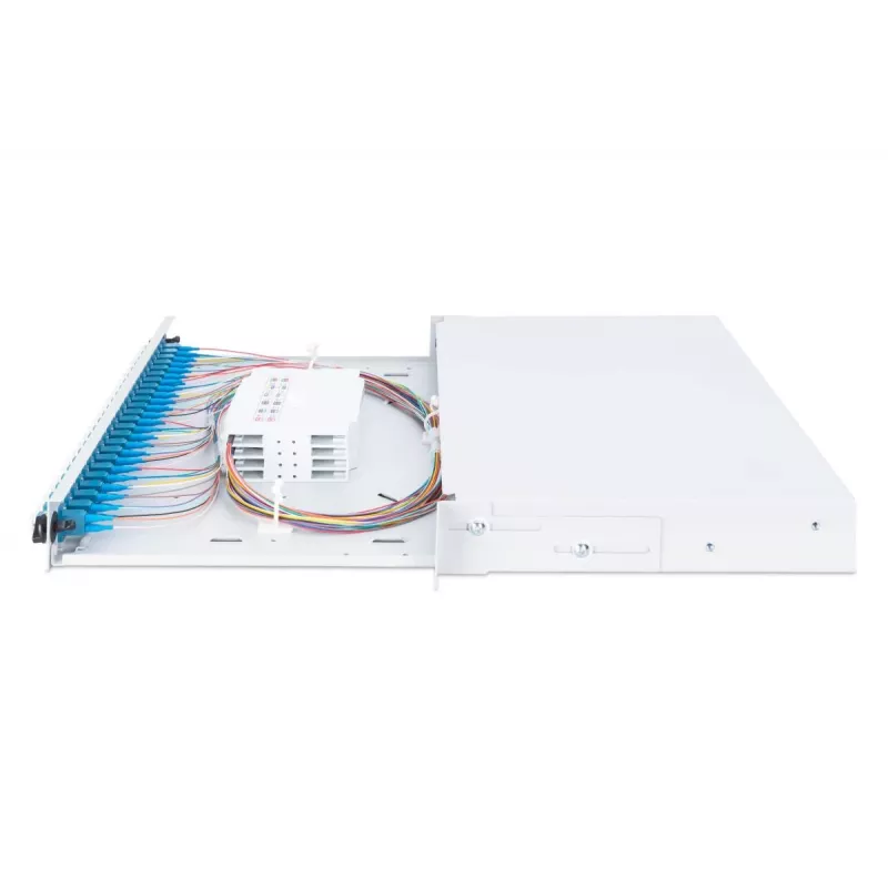 DIGITUS Fiber Optic Sliding Splice Box, 1U, Equipped 24x LC duplex, incl. M 25 Screw, Splice Cassette Color Pigtails OM4, Adapter