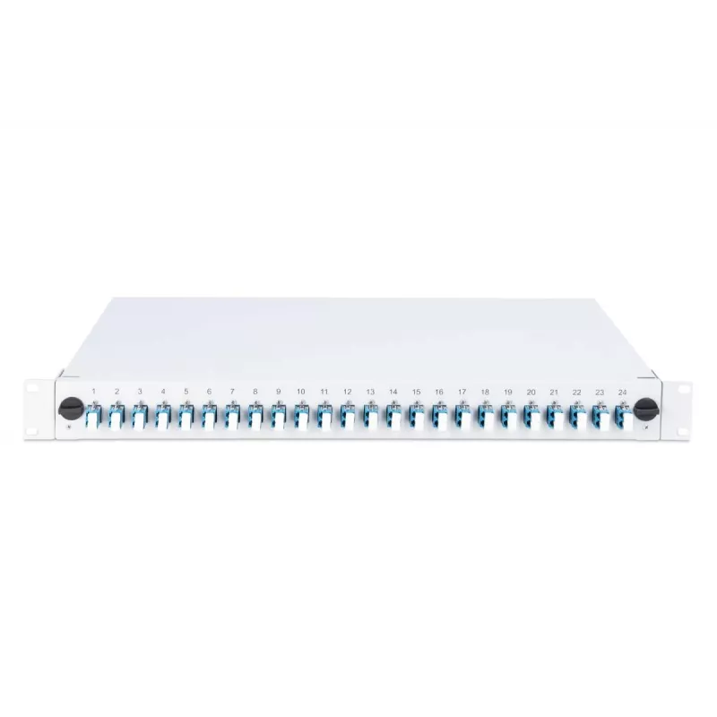 DIGITUS Fiber Optic Sliding Splice Box, 1U, Equipped 24x LC duplex, incl. M 25 Screw, Splice Cassette Color Pigtails OM4, Adapter
