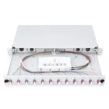 DIGITUS Fiber Optic Sliding Splice Box, 1U, Equipped 12x LC duplex, incl. M 25 Screw, Splice Cassette Color Pigtails OM4, Adapter