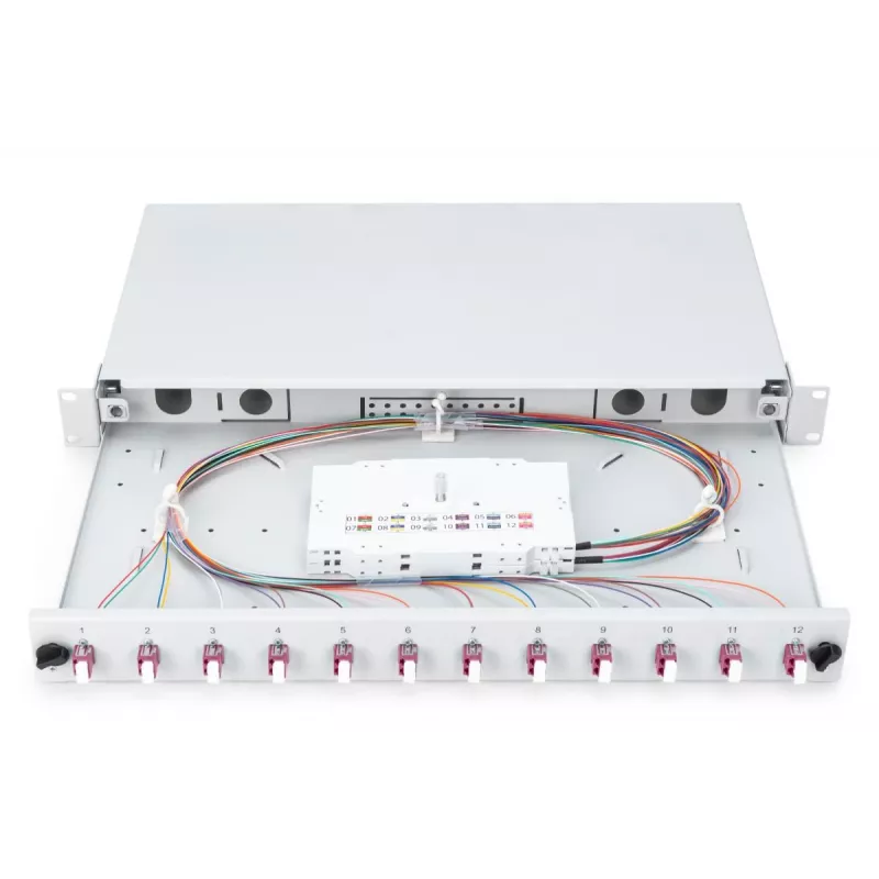 DIGITUS Fiber Optic Sliding Splice Box, 1U, Equipped 12x LC duplex, incl. M 25 Screw, Splice Cassette Color Pigtails OM4, Adapter