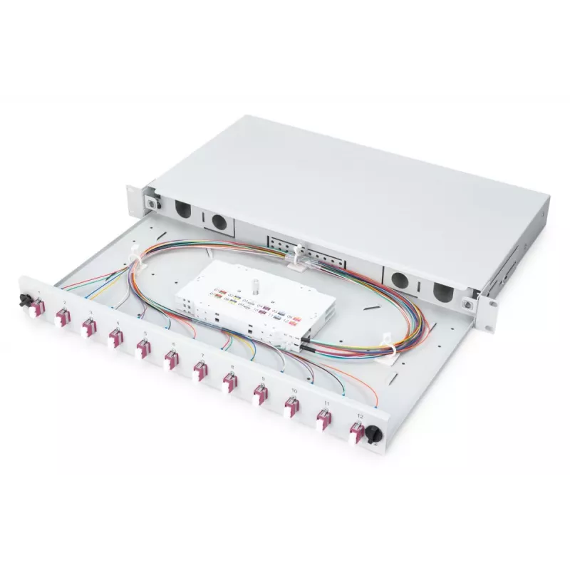 DIGITUS Fiber Optic Sliding Splice Box, 1U, Equipped 12x LC duplex, incl. M 25 Screw, Splice Cassette Color Pigtails OM4, Adapter