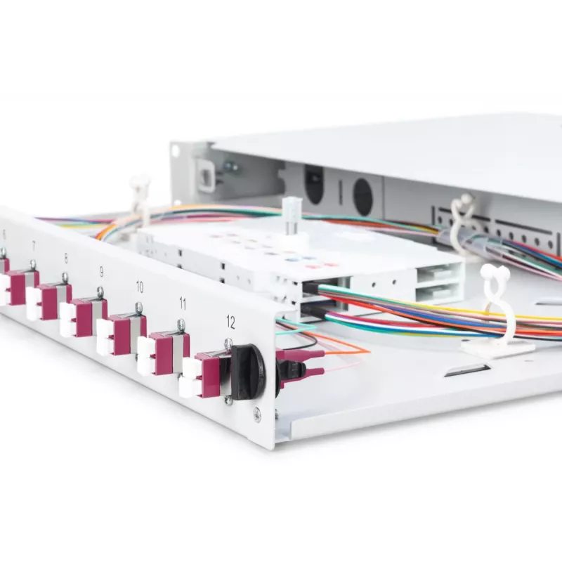 DIGITUS Fiber Optic Sliding Splice Box, 1U, Equipped 12x LC duplex, incl. M 25 Screw, Splice Cassette Color Pigtails OM4, Adapter
