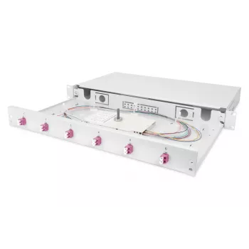 DIGITUS Fiber Optic Sliding Splice Box, 1U, Equipped 6x LC duplex, incl. M 25 Screw, Splice Cassette OM4 Color Pigtails, Adapter