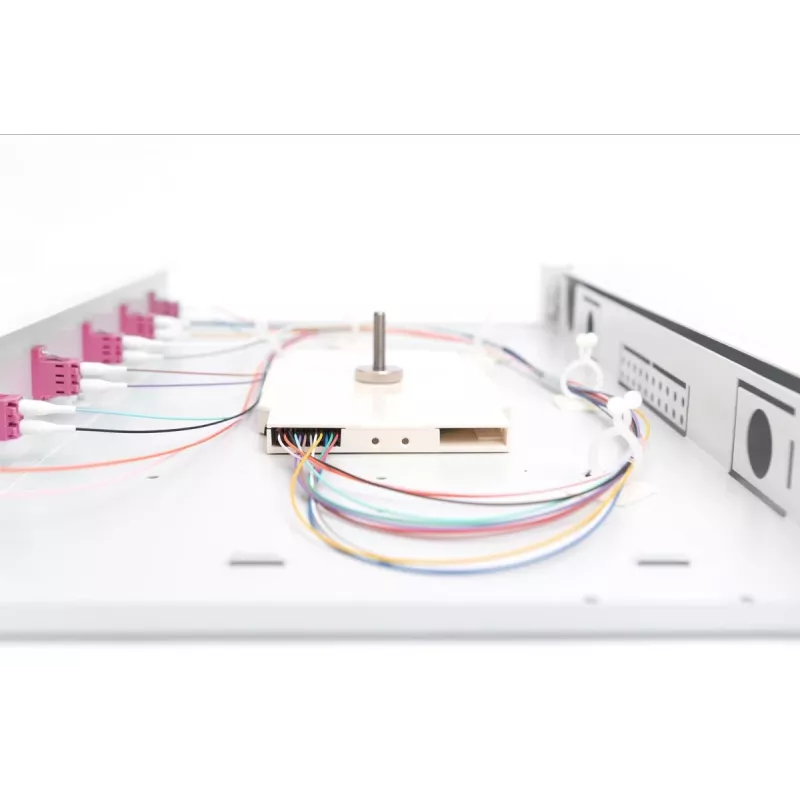 DIGITUS Fiber Optic Sliding Splice Box, 1U, Equipped 6x LC duplex, incl. M 25 Screw, Splice Cassette OM4 Color Pigtails, Adapter