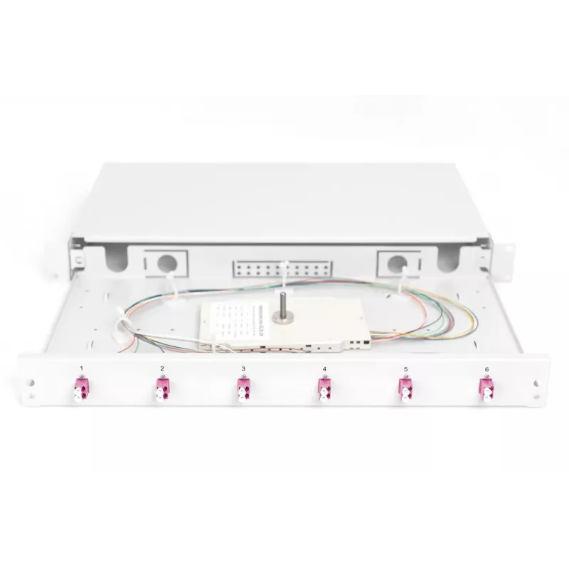 DIGITUS Fiber Optic Sliding Splice Box, 1U, Equipped 6x LC duplex, incl. M 25 Screw, Splice Cassette OM4 Color Pigtails, Adapter