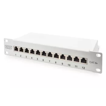 DIGITUS CAT6A Patch Panel, shielded, 12-Port label field, 1U, 10in rack mount, grey RAL 7035