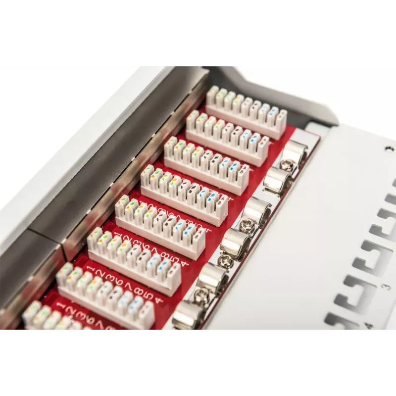DIGITUS CAT6A Patch Panel, shielded, 12-Port label field, 1U, 10in rack mount, grey RAL 7035