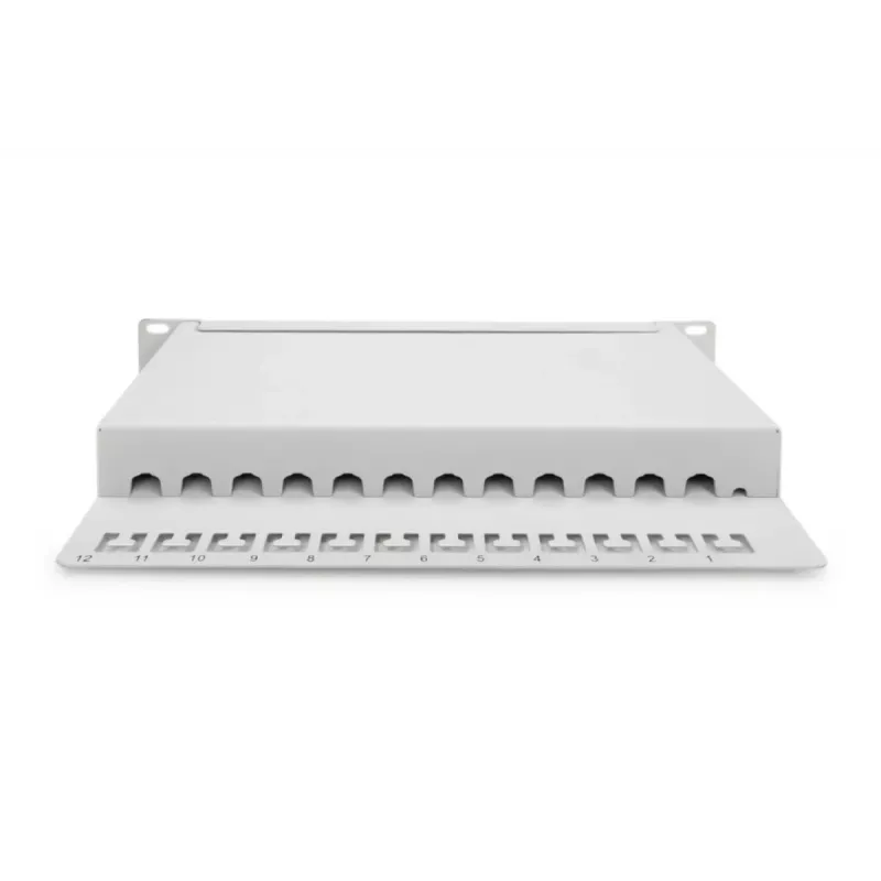 DIGITUS CAT6A Patch Panel, shielded, 12-Port label field, 1U, 10in rack mount, grey RAL 7035