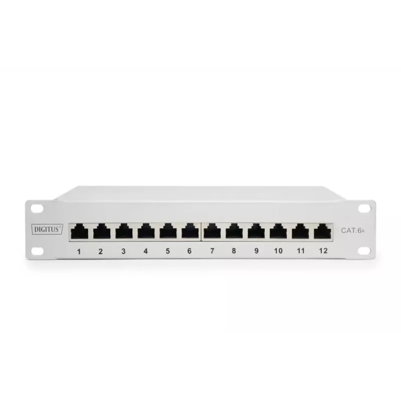 DIGITUS CAT6A Patch Panel, shielded, 12-Port label field, 1U, 10in rack mount, grey RAL 7035