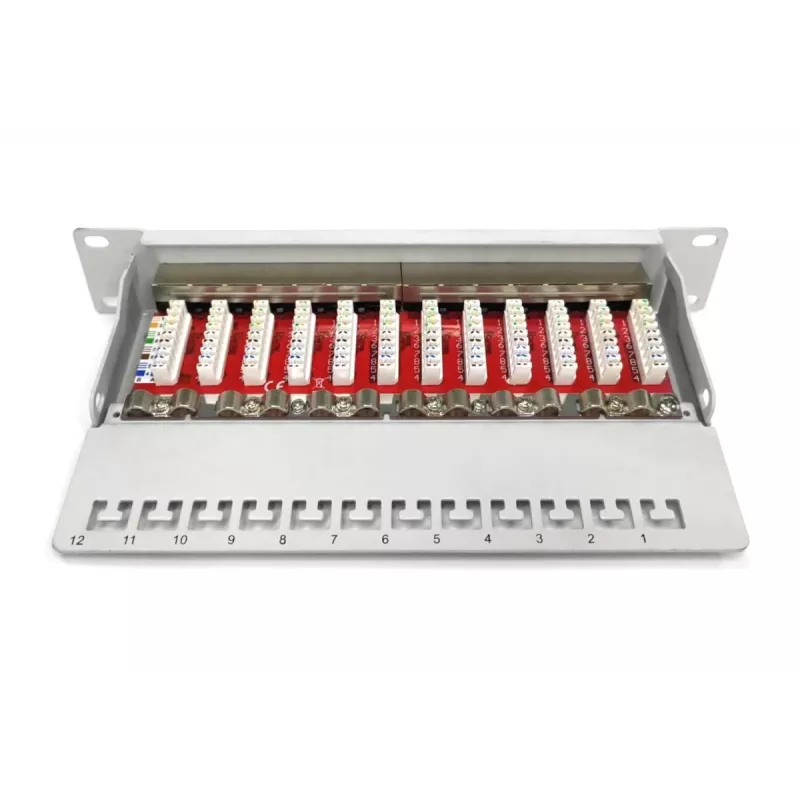 DIGITUS CAT6A Patch Panel, shielded, 12-Port label field, 1U, 10in rack mount, grey RAL 7035