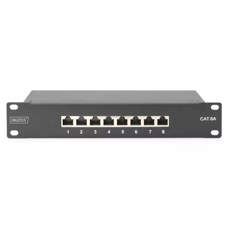 DIGITUS Patch Panel CAT6A shielded,8-Port 1U, 10in rack mount, black RAL 9005