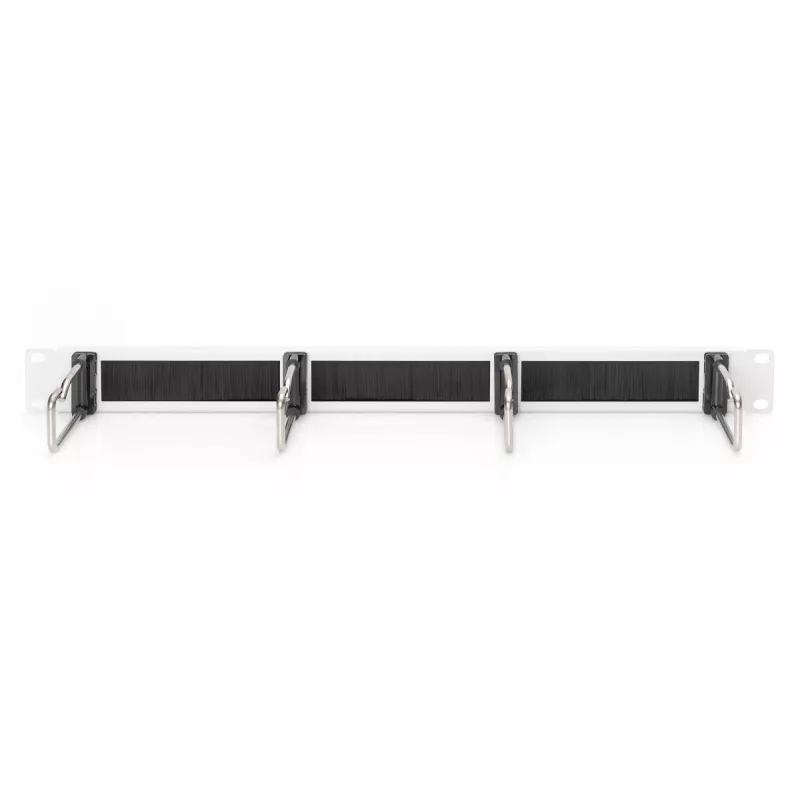 DIGITUS 1U cable management panel with brush 4x steel rings 40x75 mm, grey (RAL 7035)