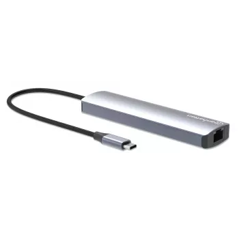 Manhattan USB-C Dock/Hub with Card Reader, Ports (x5): Ethernet, HDMI, USB-A (x2) and USB-C, with Power Delivery (PD) 100W- requires external USB-C charger (not included). USB powered (no external power supply required) when PD is not in use