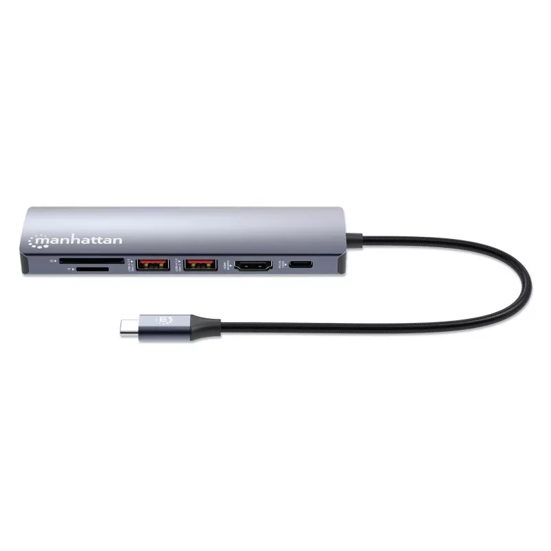Manhattan USB-C Dock/Hub with Card Reader, Ports (x5): Ethernet, HDMI, USB-A (x2) and USB-C, with Power Delivery (PD) 100W- requires external USB-C charger (not included). USB powered (no external power supply required) when PD is not in use