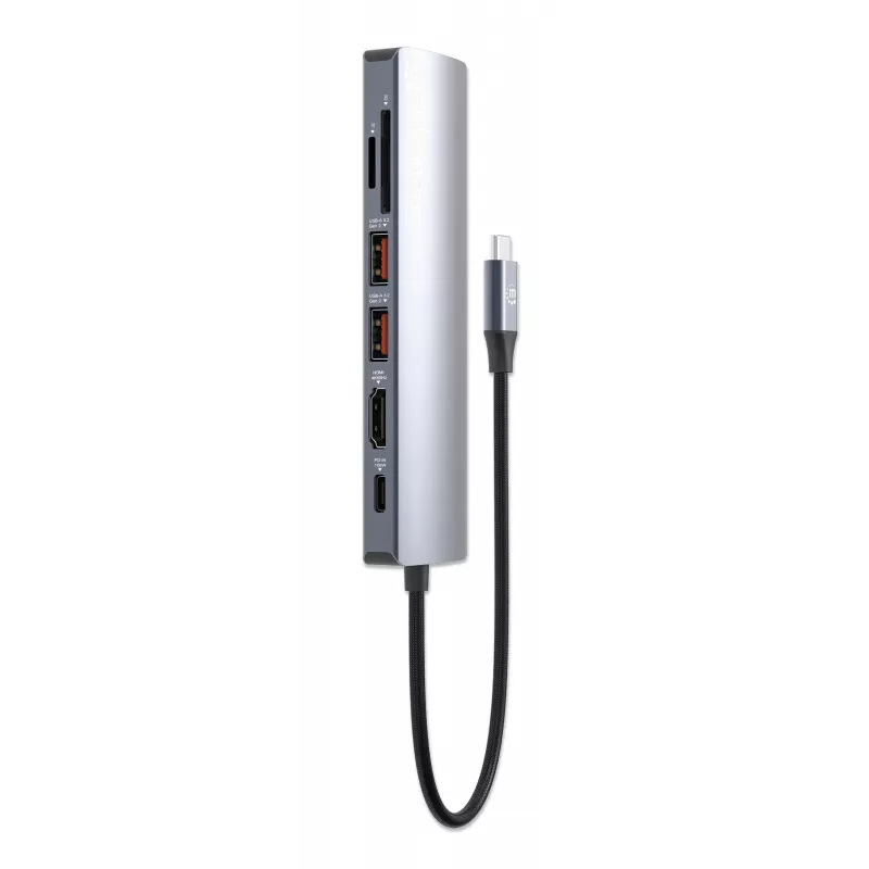 Manhattan USB-C Dock/Hub with Card Reader, Ports (x5): Ethernet, HDMI, USB-A (x2) and USB-C, with Power Delivery (PD) 100W- requires external USB-C charger (not included). USB powered (no external power supply required) when PD is not in use