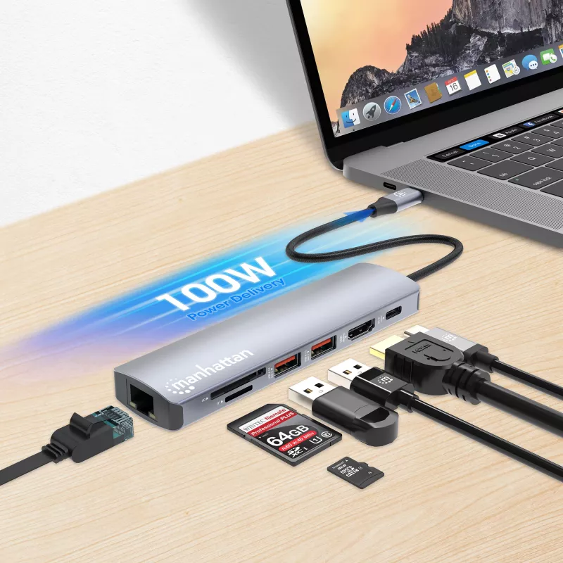 Manhattan USB-C Dock/Hub with Card Reader, Ports (x5): Ethernet, HDMI, USB-A (x2) and USB-C, with Power Delivery (PD) 100W- requires external USB-C charger (not included). USB powered (no external power supply required) when PD is not in use