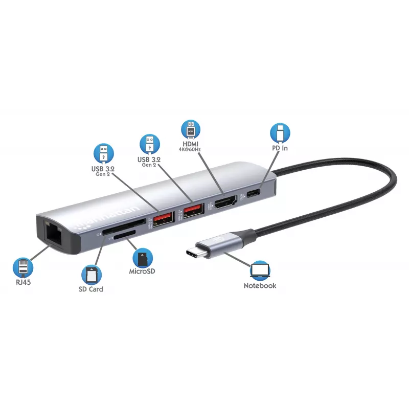 Manhattan USB-C Dock/Hub with Card Reader, Ports (x5): Ethernet, HDMI, USB-A (x2) and USB-C, with Power Delivery (PD) 100W- requires external USB-C charger (not included). USB powered (no external power supply required) when PD is not in use
