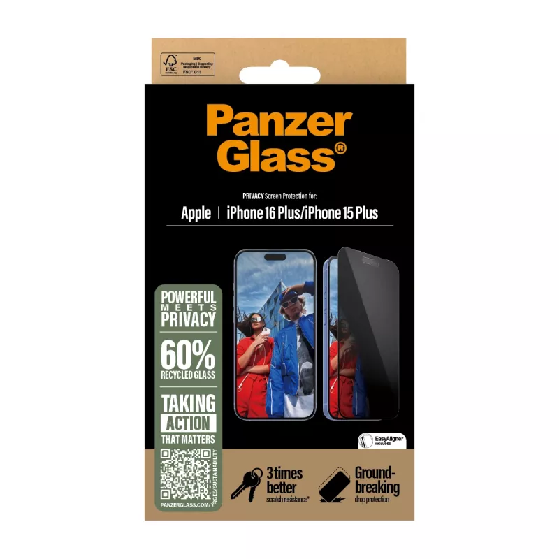 PanzerGlass ® Privacy Screen Protector iPhone 16 Plus | 15 Plus | Ultra-Wide Fit w. EasyAligner