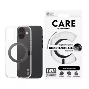 PanzerGlass CARE™ by ® Case Transparent w. Black Kickstand & MagSafe iPhone 16