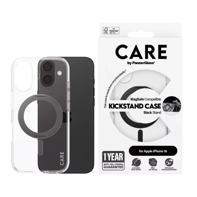 PanzerGlass CARE™ by ® Case Transparent w. Black Kickstand & MagSafe iPhone 16