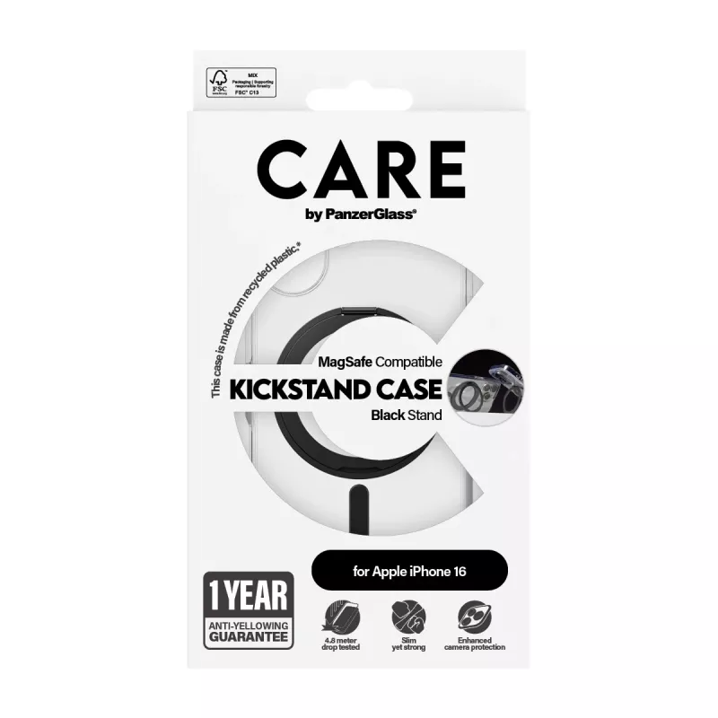 PanzerGlass CARE™ by ® Case Transparent w. Black Kickstand & MagSafe iPhone 16