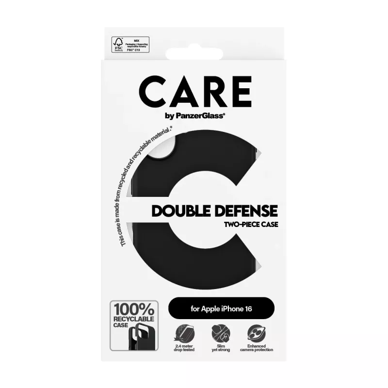 PanzerGlass CARE™ by ® Double Defense Case Black iPhone 16, Cover, Apple, Apple - iPhone 16, Black