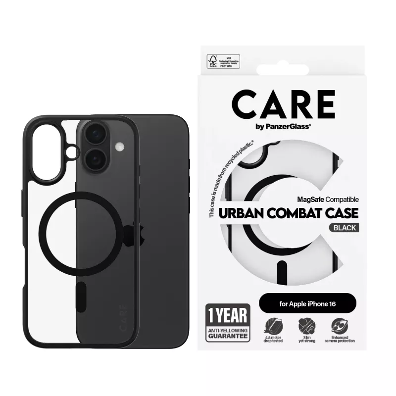 PanzerGlass CARE™ by ® Urban Combat Case Transparent w. Black Frame & MagSafe iPhone 16