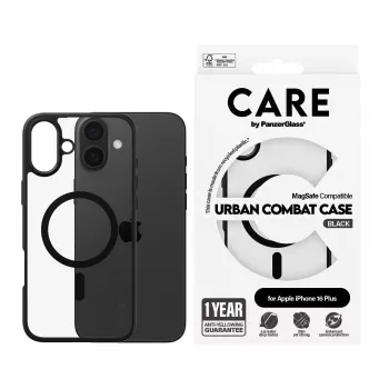 PanzerGlass CARE™ by ® Urban Combat Case Transparent w. Black Frame & MagSafe iPhone 16 Plus