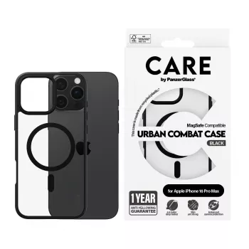 PanzerGlass CARE™ by ® Urban Combat Case Transparent w. Black Frame & MagSafe iPhone 16 Pro Max