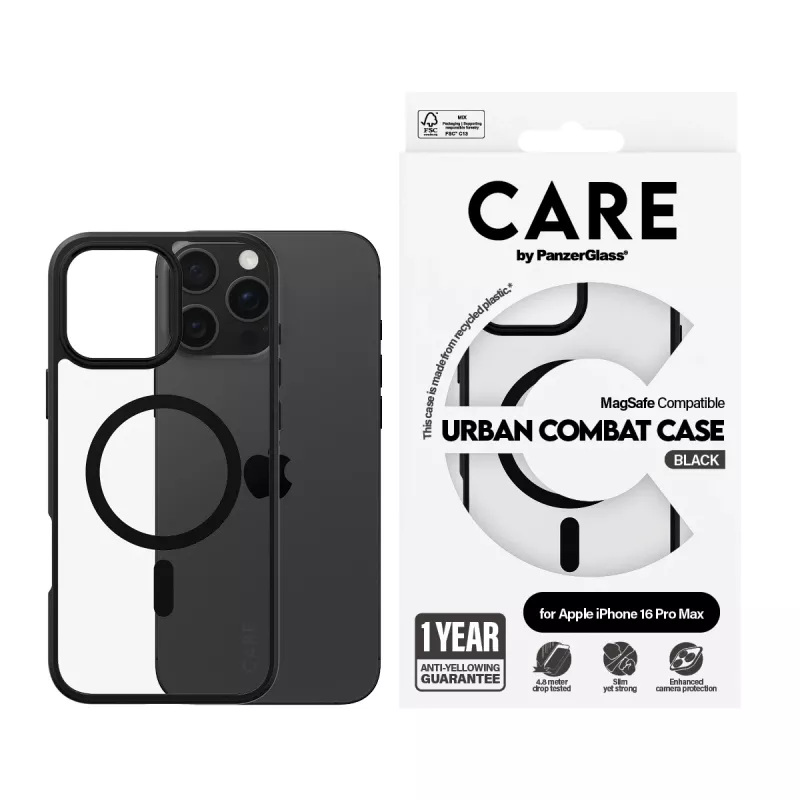 PanzerGlass CARE™ by ® Urban Combat Case Transparent w. Black Frame & MagSafe iPhone 16 Pro Max