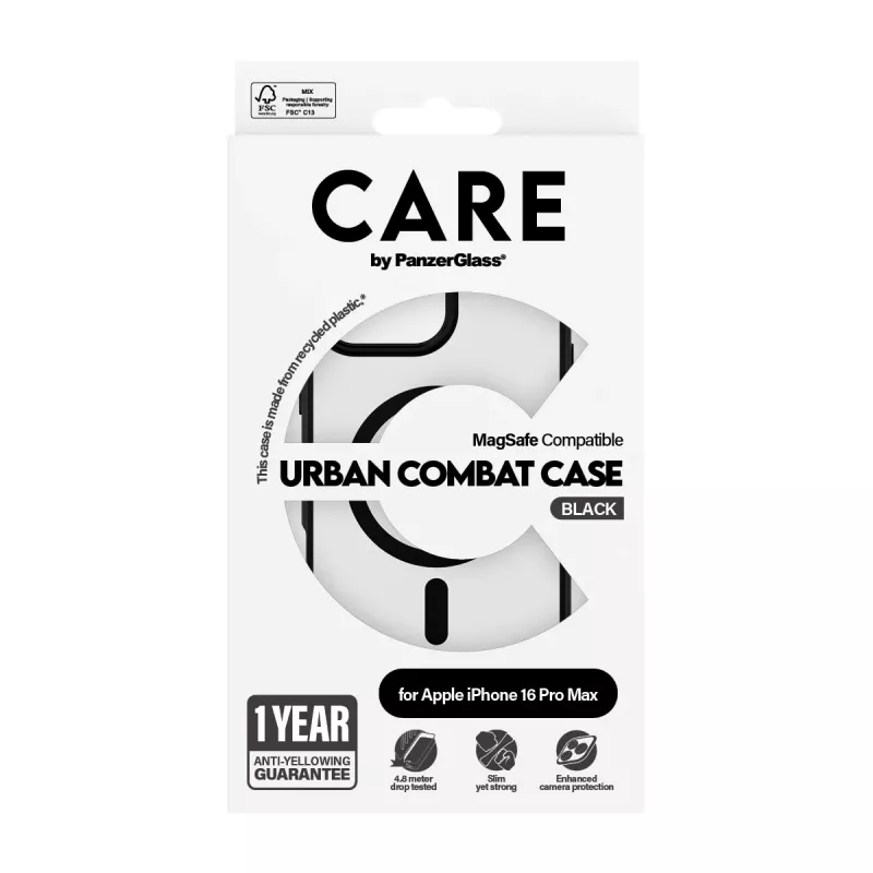 PanzerGlass CARE™ by ® Urban Combat Case Transparent w. Black Frame & MagSafe iPhone 16 Pro Max