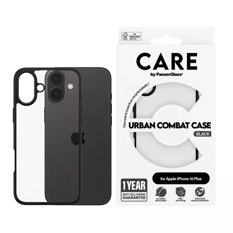 PanzerGlass CARE™ by ® Urban Combat Case Transparent w. Black Frame iPhone 16 Plus