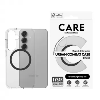 PanzerGlass CARE™ by ® Urban Combat Case Transparent w. Black Qi Compatible Samsung Galaxy S25