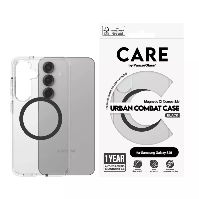 PanzerGlass CARE™ by ® Urban Combat Case Transparent w. Black Qi Compatible Samsung Galaxy S25