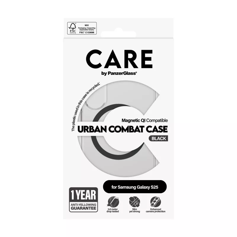 PanzerGlass CARE™ by ® Urban Combat Case Transparent w. Black Qi Compatible Samsung Galaxy S25