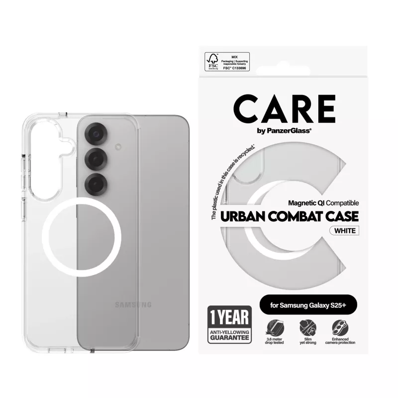 PanzerGlass CARE™ by ® Urban Combat Case Transparent w. White Qi Compatible Samsung Galaxy S25+
