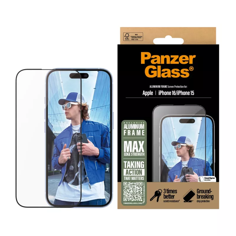 PanzerGlass ® Screen Protector Aluminum Frame iPhone 16 | 15 | Ultra-Wide Fit