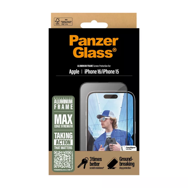 PanzerGlass ® Screen Protector Aluminum Frame iPhone 16 | 15 | Ultra-Wide Fit