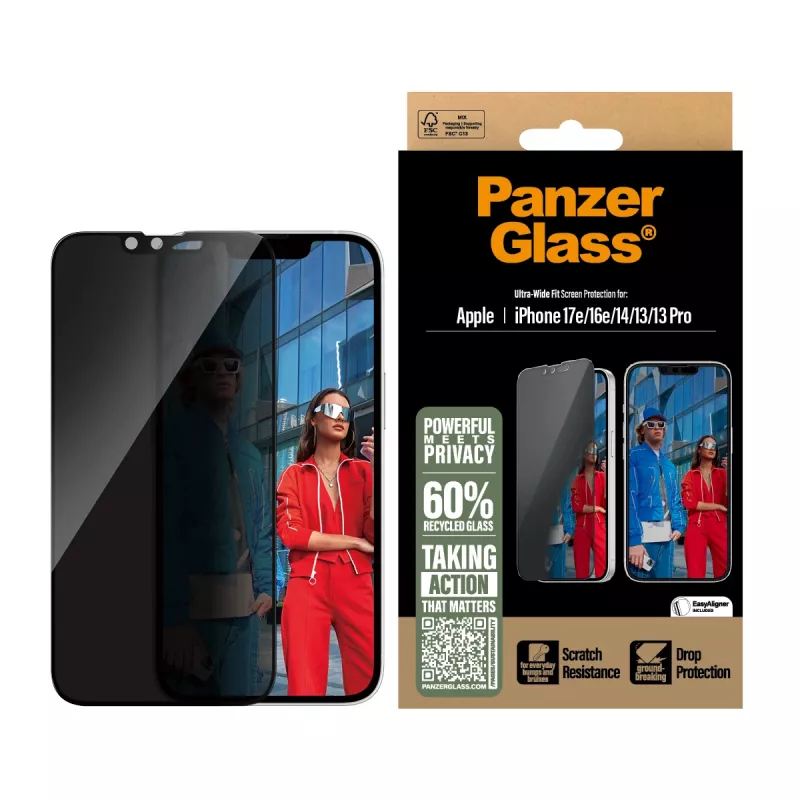 PanzerGlass ® Privacy Screen Protector iPhone 17e | 16e | 14 | 13 | 13 Pro | Ultra-Wide Fit w. EasyAligner