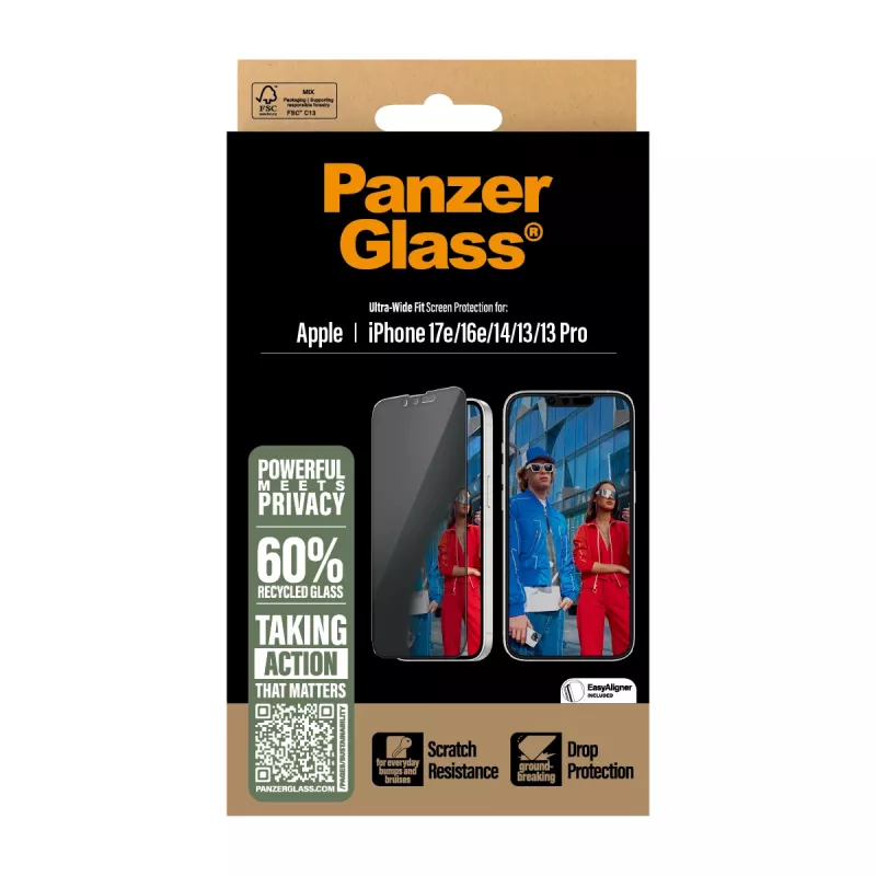 PanzerGlass ® Privacy Screen Protector iPhone 17e | 16e | 14 | 13 | 13 Pro | Ultra-Wide Fit w. EasyAligner