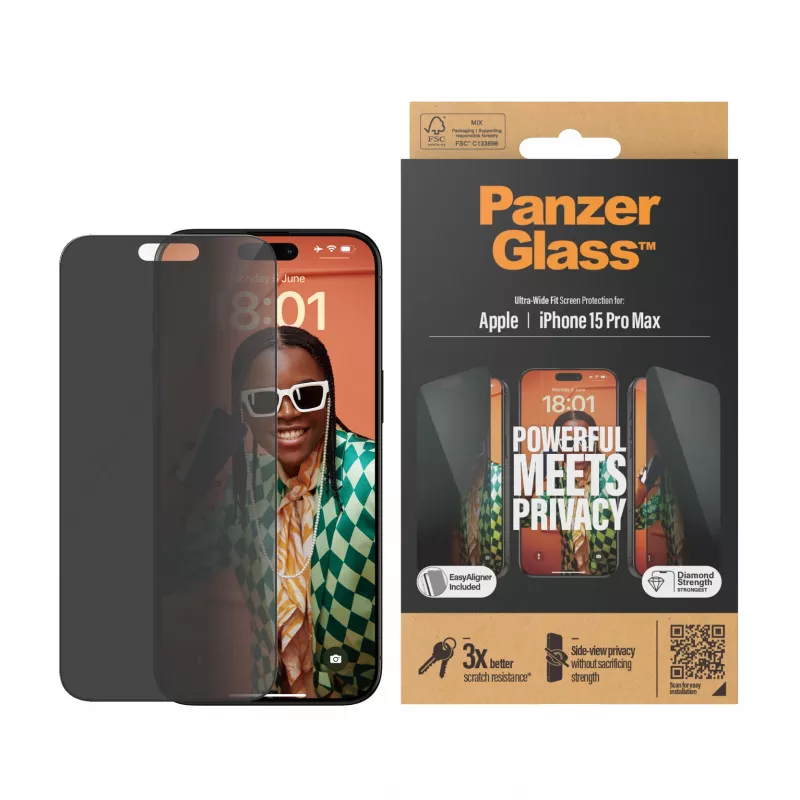PanzerGlass ® Privacy Screen Protector iPhone 15 Pro Max | Ultra-Wide Fit w. EasyAligner